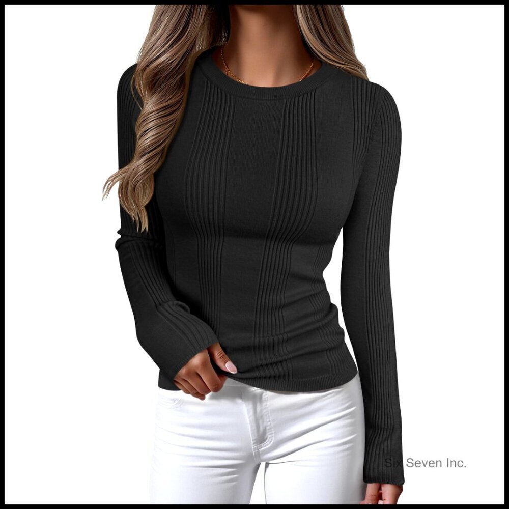 Long Sleeve Slim Fit Rib Knit Pullover Sweater Chic Minimal Classic Winter